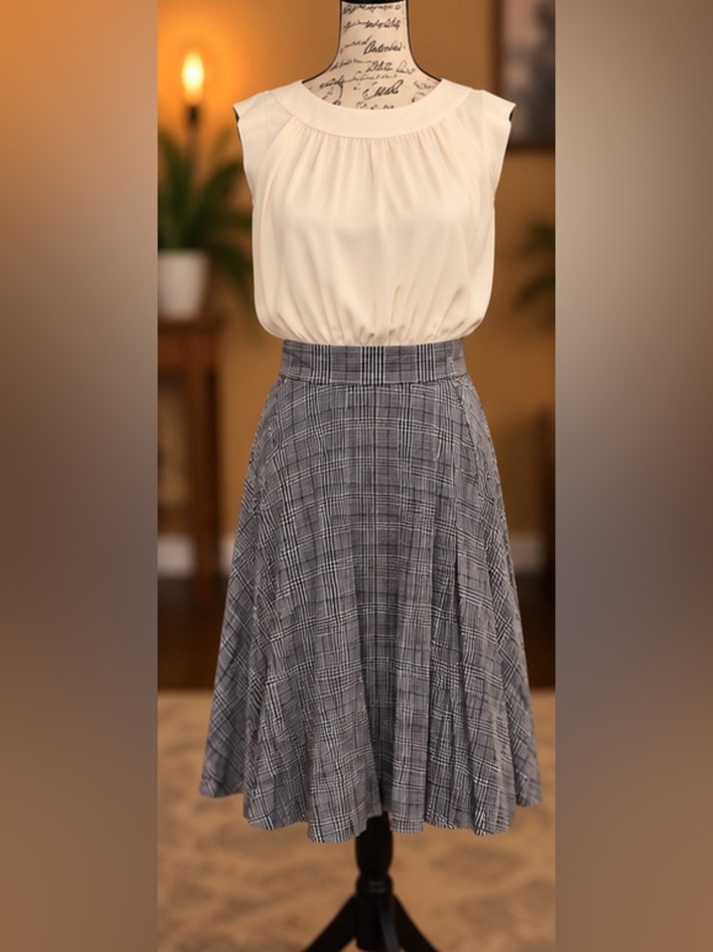DKNY Plaid Mixed Media Fit & Flare Dress Ivory Gray Size 2